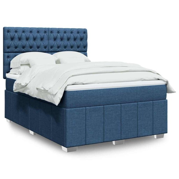 Bed with springs and mattress, blue, 140x190 cm, fabric