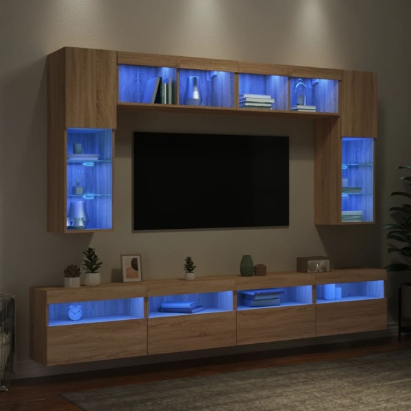 Wall-mounted TV cabinets with LED lights, 8 units, oak color