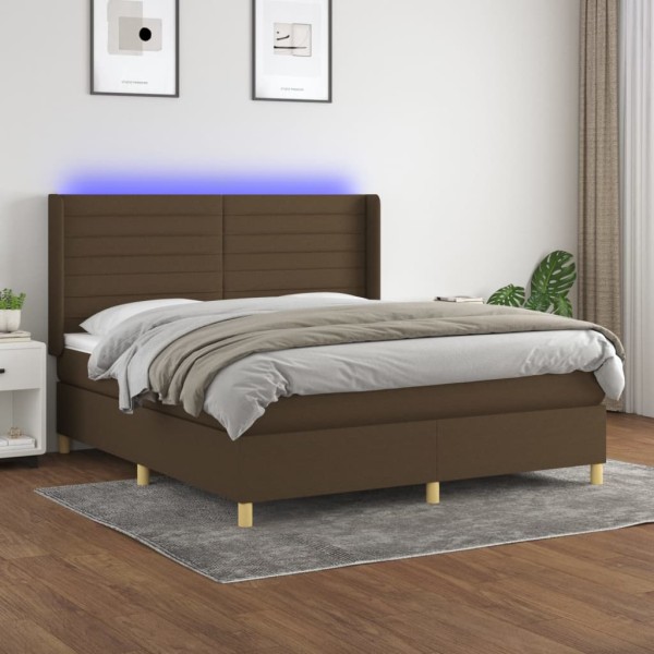 Bed with springs/mattress/LED, brown, 160x200 cm, fabric