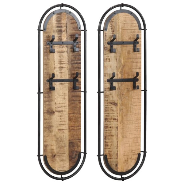 Wall-mounted coat racks with 4 hooks, 2 pcs., solid mango