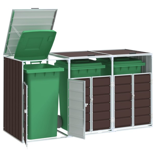 Container holder on wheels for three bins, brown, 216x81x115 cm, steel