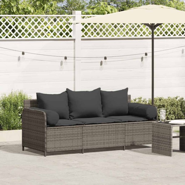 Garden sofa with cushions, 3 seats, gray, polyrattan