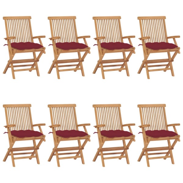 Garden chairs with wine red cushions, 8 pcs., teak
