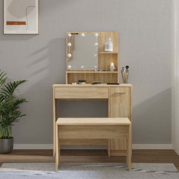 Dressing table set with LED, oak, processed wood