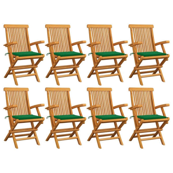 Garden chairs with green cushions, 8 pcs., solid teak