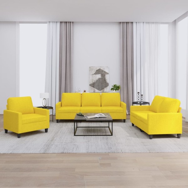 Sofa set with cushions, 3 parts, yellow, fabric