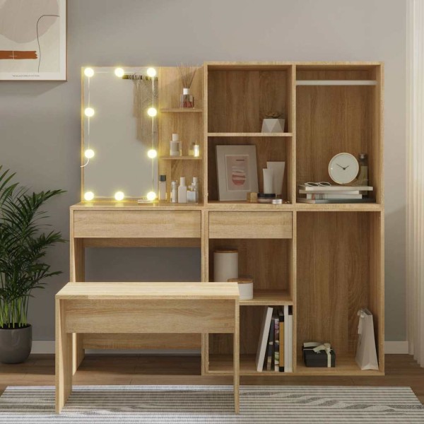 Dressing table set with LED, oak, processed wood