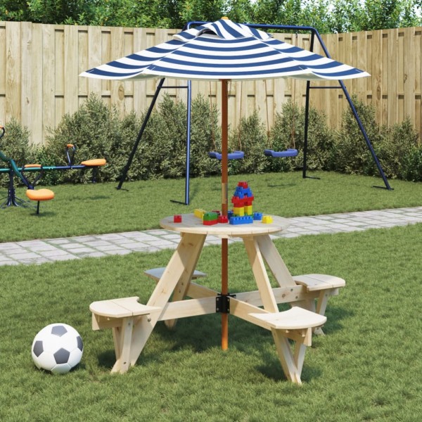 Picnic table for 4 children with umbrella, solid spruce, circular
