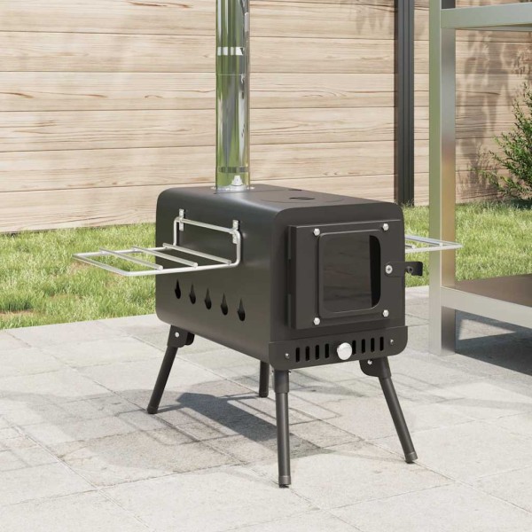 Camping stove with chimney and legs, black, steel