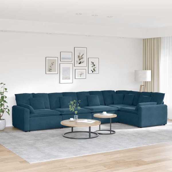 Modular sofa with cushions, velvet, blue