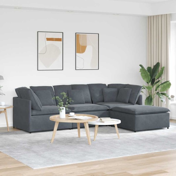 Modular sofa with footrest and cushions, velvet, dark gray