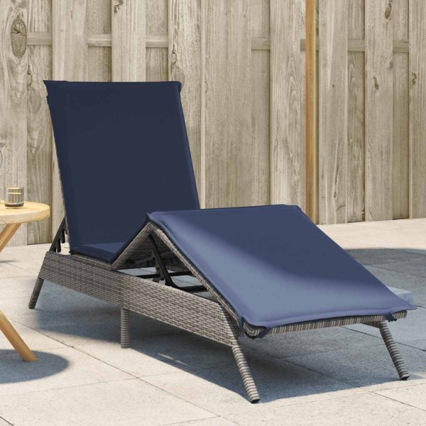 Sun lounger with cushion, gray, polyrattan