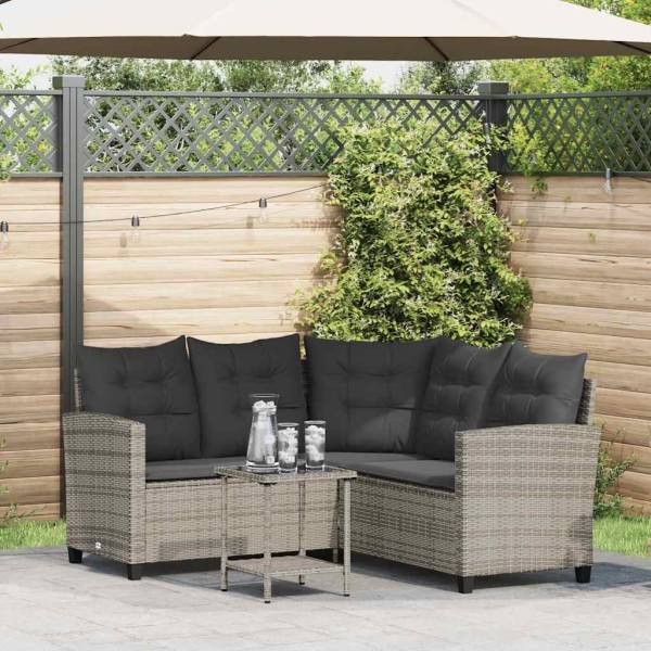 Garden sofa with table and cushions, L-shaped, gray, polyrattan