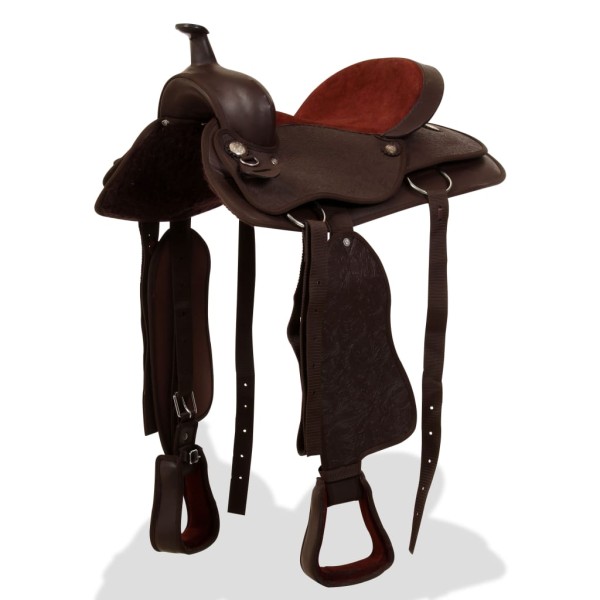 Saddle, head and chest straps, genuine leather, 17", brown