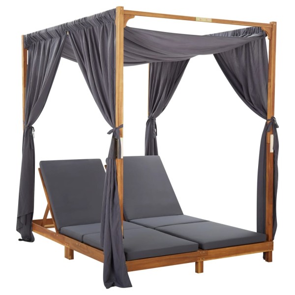 Double sunbed with curtains and mattresses, acacia