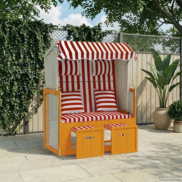 Beach chair, red/white, polyrattan/wood