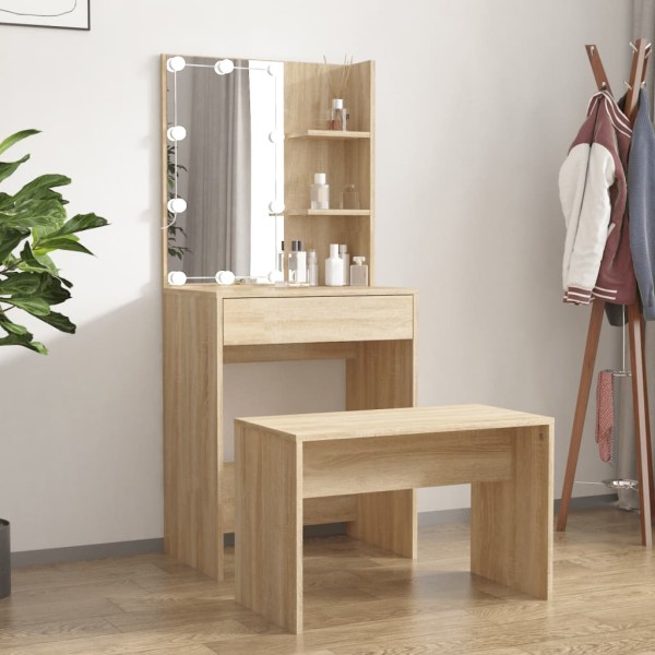 Dressing table set with LED, oak, processed wood
