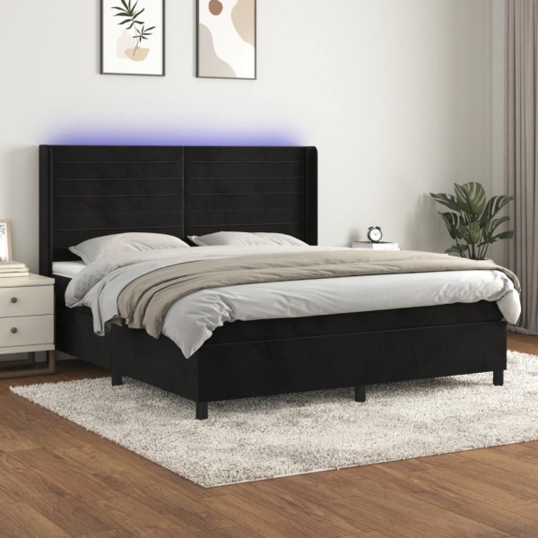 Bed with springs/mattress/LED, black, 160x200cm, velvet