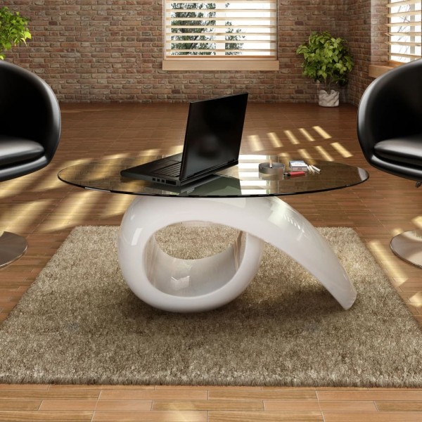 Coffee table. with oval glass. table top, especially glossy, white