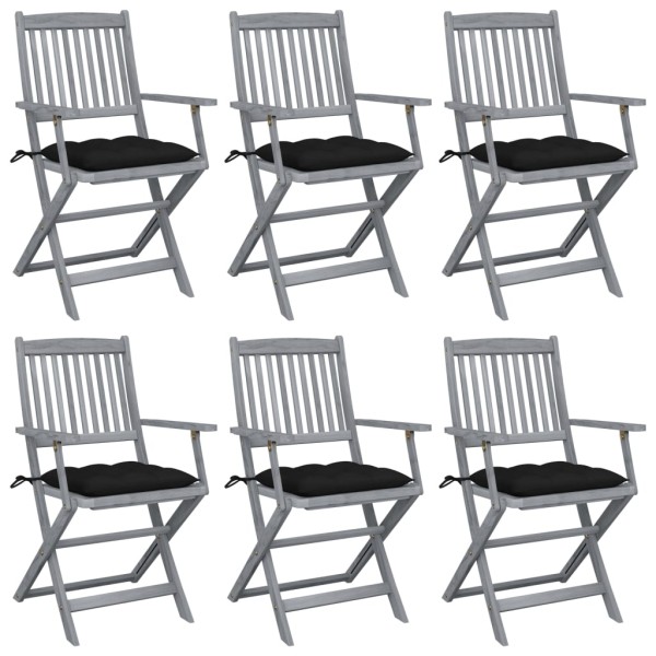 Folding outdoor chairs with pillows, 6 pcs., solid acacia