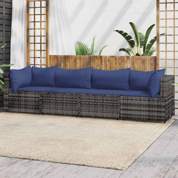 Garden set with cushions, 4 parts, gray, polyrattan