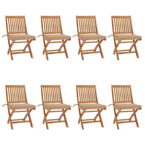 Folding garden chairs with cushions, 8 pcs., teak