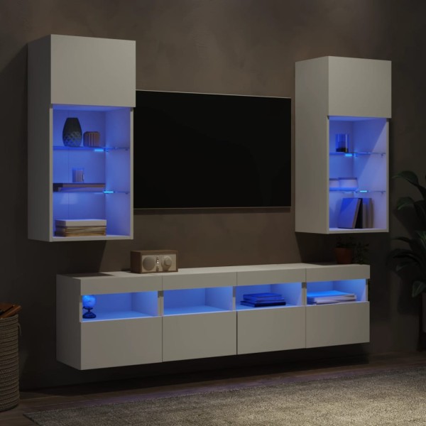 Wall TV section with LED, 5 parts, white, treated wood