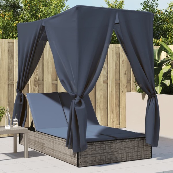 Double sun lounger with canopy and curtains, gray