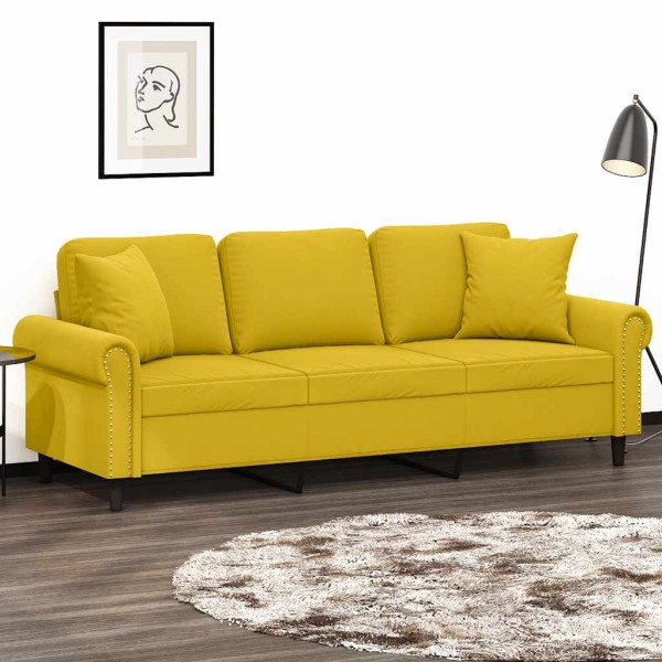 Three-seater sofa with cushions, yellow, 180cm, velvet