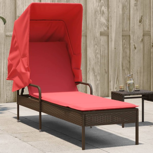 Sun lounger with canopy, brown, polyrattan