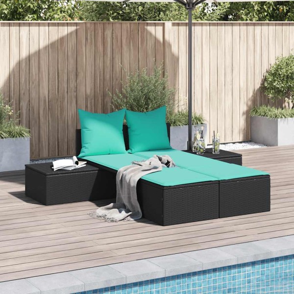 Double sunbed with cushions, black, polyrattan