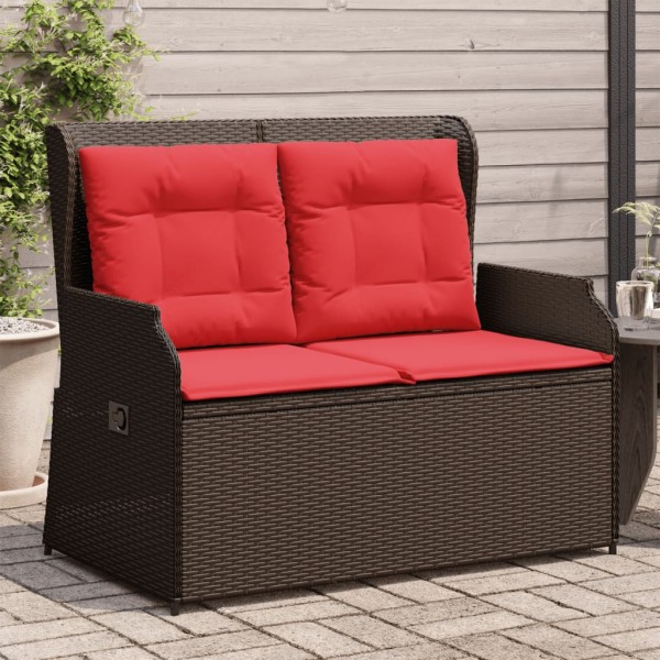 Reclining garden bench with cushions, brown, polyrattan