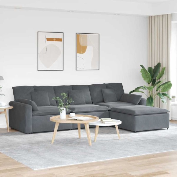Modular sofa with footrest and cushions, dark gray