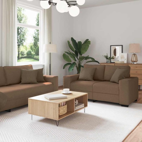 Two-piece sofa set with cushions, brown fabric