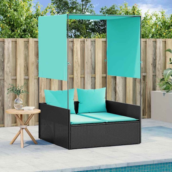Double sunbed with canopy and curtains, black polyrattan