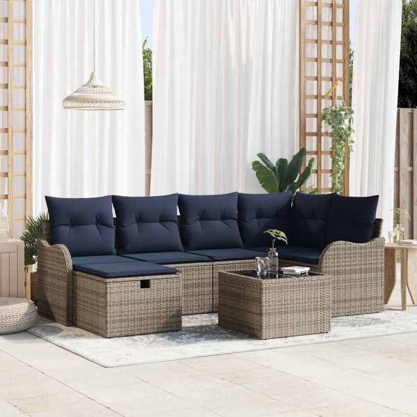 Garden Sofa Set 7 pcs. Gray and dark blue polyrattan