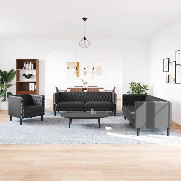 Living room sofa 3 pcs. Black Artificial leather
