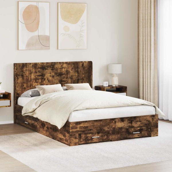 Bed frame with storage and back in Smoked Oak