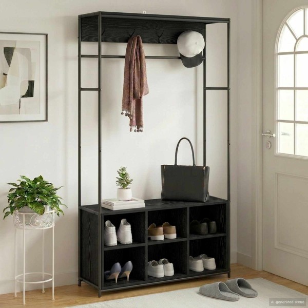 Coat rack with shoe bench Black oak Processed wood