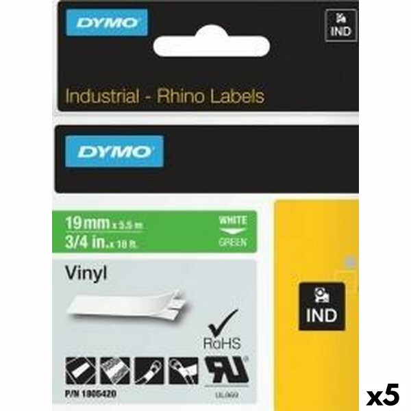 Lamineeritud Lint Sildimasinatele Rhino Dymo ID1-19 19 x 5,5 mm Valge Roheline Vinüül Isekleepuvad (5 Ühikut)