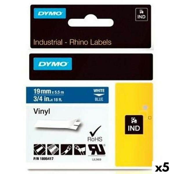 Lamineeritud Lint Sildimasinatele Dymo Rhino 19 mm x 5,5 m Sinine Valge Vinüül (5 Ühikut)