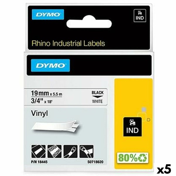 Ламинированная лента для фломастеров Rhino Dymo ID1-19 19 x 5,5 mm Чёрный Белый Винил Самоклеящиеся (5 штук)