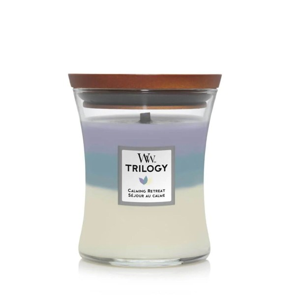 Lõhnastatud küünal Woodwick Trilogy Medium Calming Retreat